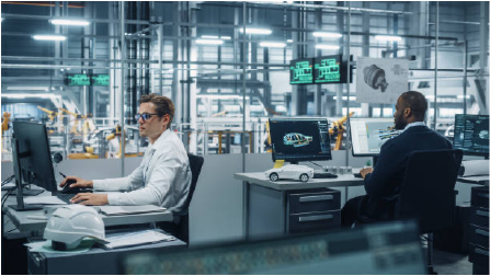 Two people sitting at desk working on designs for vehicles.